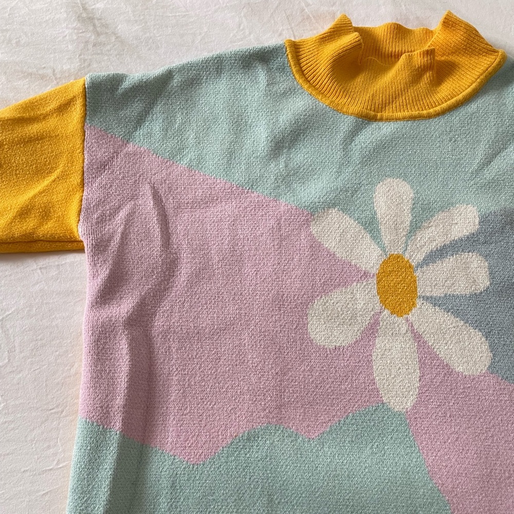 Kina and Tam Colorblock Floral Turtleneck Sweater